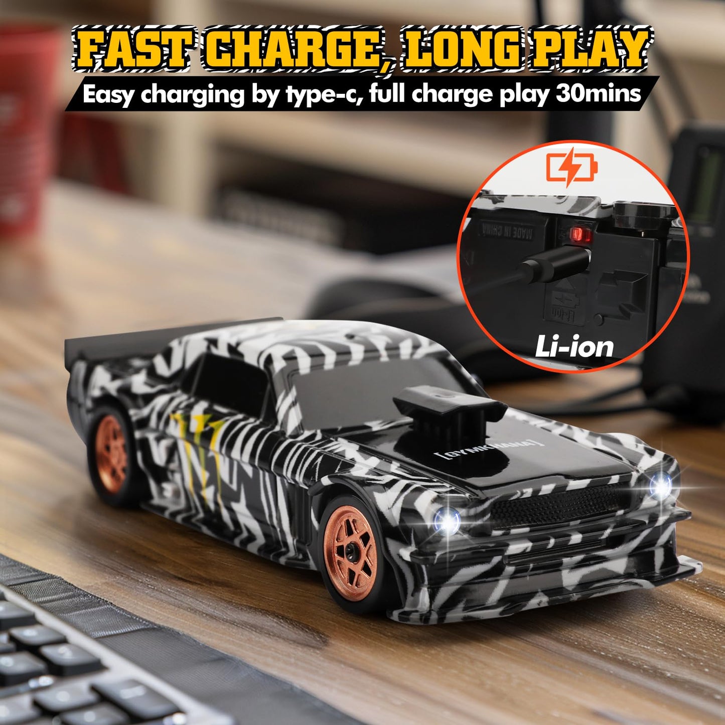 1/43 Scale Mini Drift Rc Car with Gyro, 2.4GHz Throttle & Steering Full Proportional Control Remote, 2 Sets of Tires, 8 Road Cones, High-Speed Rc Drift Car Simulate Led Light - Camouflage