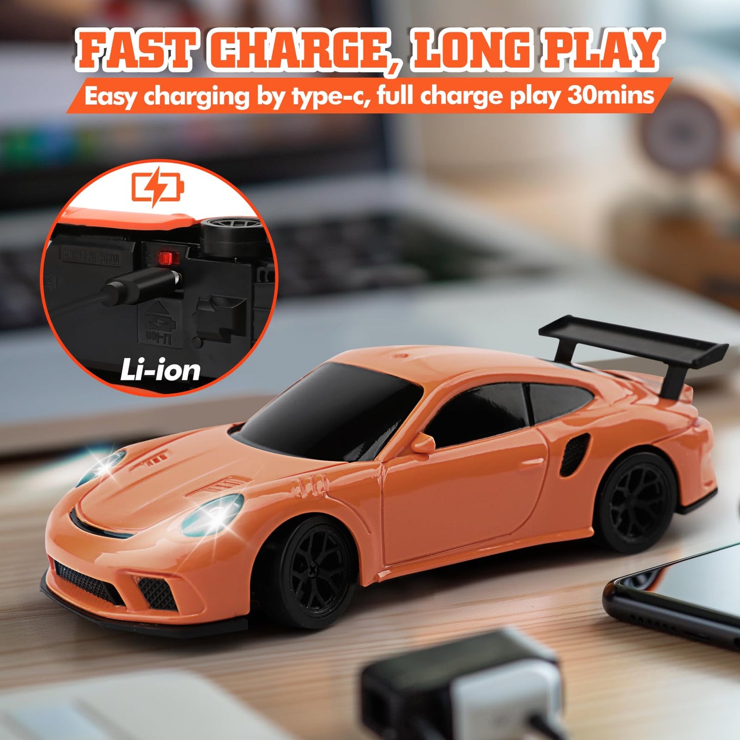 1/43 Scale Mini Drift Rc Car with Gyro, 2.4GHz Throttle & Steering Full Proportional Control Remote, 2 Sets of Tires, 8 Road Cones, High-Speed Rc Drift Car Simulate Led Light - Camouflage