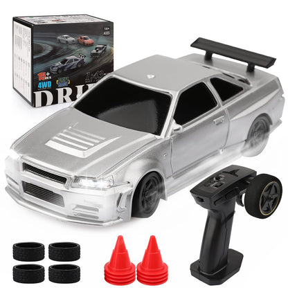 1/43 Scale Mini Drift Rc Car with Gyro, 2.4GHz Throttle & Steering Full Proportional Control Remote, 2 Sets of Tires, 8 Road Cones, High-Speed Rc Drift Car Simulate Led Light - Camouflage