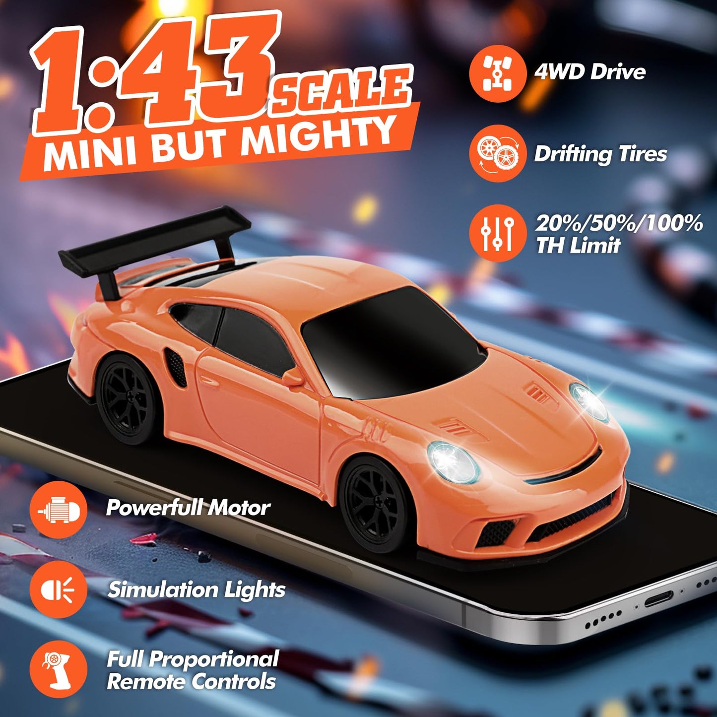 1/43 Scale Mini Drift Rc Car with Gyro, 2.4GHz Throttle & Steering Full Proportional Control Remote, 2 Sets of Tires, 8 Road Cones, High-Speed Rc Drift Car Simulate Led Light - Camouflage