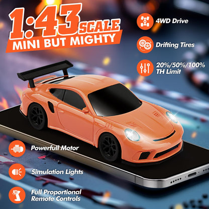 1/43 Scale Mini Drift Rc Car with Gyro, 2.4GHz Throttle & Steering Full Proportional Control Remote, 2 Sets of Tires, 8 Road Cones, High-Speed Rc Drift Car Simulate Led Light - Camouflage