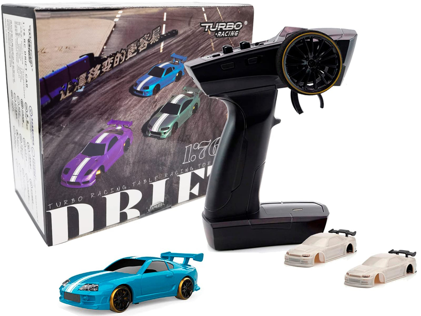 Turbo Racing 1:76 Scale Drift RC Car with Gyro Mini Full Proportional RTR 2.4GHZ Remote Control with 2 Replaceable Body Shell (C64-BLUE)