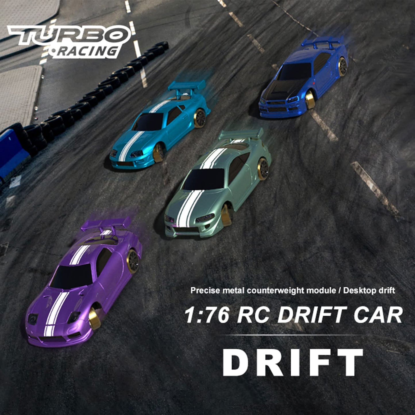 Turbo Racing 1:76 Scale Drift RC Car with Gyro Mini Full Proportional RTR 2.4GHZ Remote Control with 2 Replaceable Body Shell (C64-BLUE)