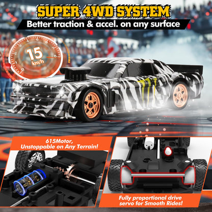 1/43 Scale Mini Drift Rc Car with Gyro, 2.4GHz Throttle & Steering Full Proportional Control Remote, 2 Sets of Tires, 8 Road Cones, High-Speed Rc Drift Car Simulate Led Light - Camouflage