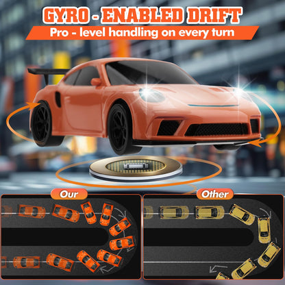 1/43 Scale Mini Drift Rc Car with Gyro, 2.4GHz Throttle & Steering Full Proportional Control Remote, 2 Sets of Tires, 8 Road Cones, High-Speed Rc Drift Car Simulate Led Light - Camouflage