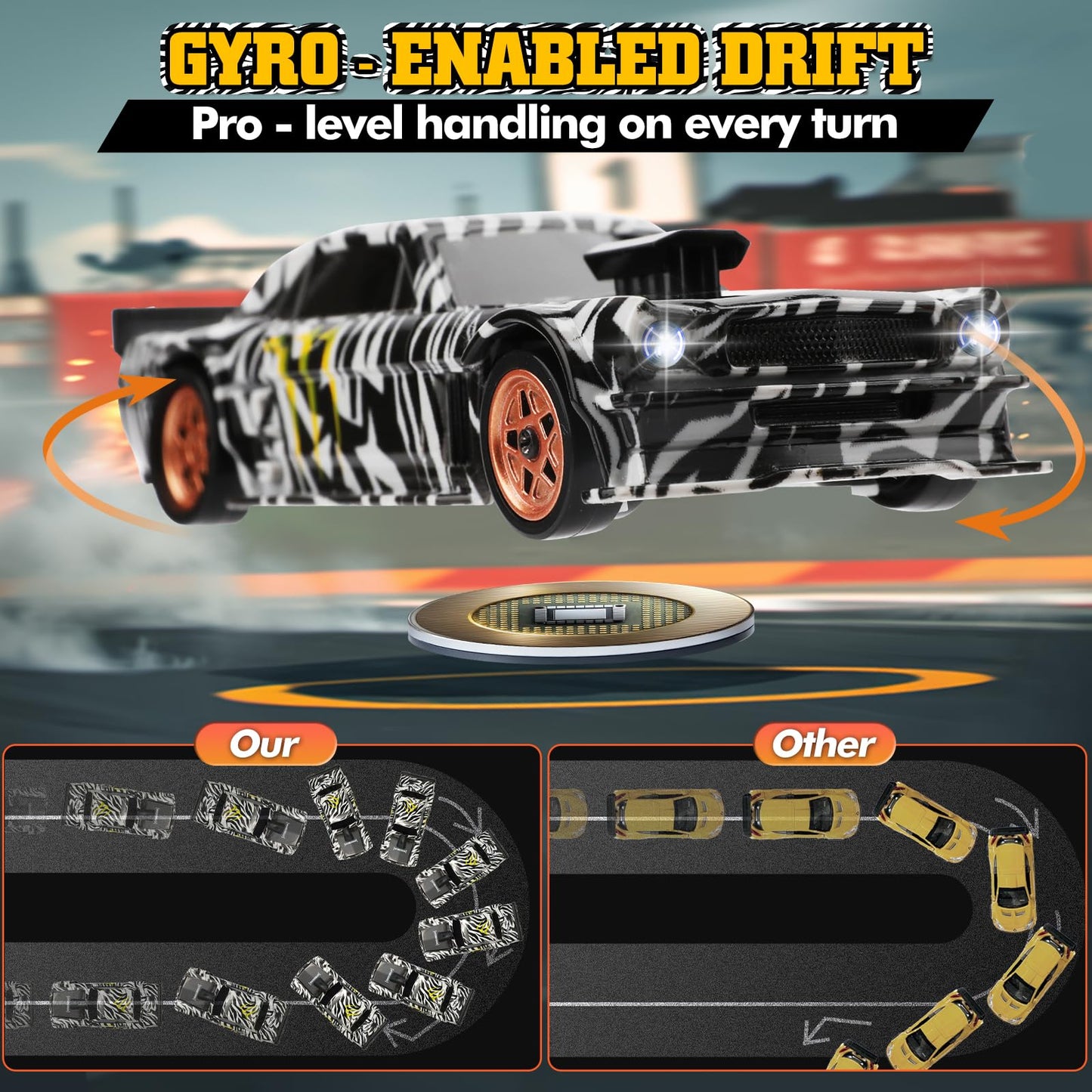 1/43 Scale Mini Drift Rc Car with Gyro, 2.4GHz Throttle & Steering Full Proportional Control Remote, 2 Sets of Tires, 8 Road Cones, High-Speed Rc Drift Car Simulate Led Light - Camouflage