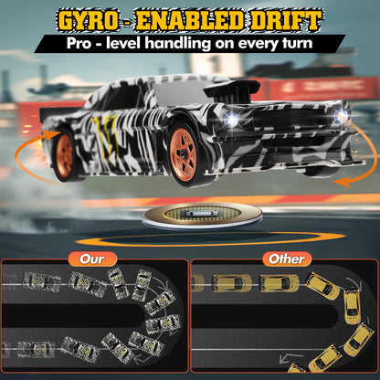 1/43 Scale Mini Drift Rc Car with Gyro, 2.4GHz Throttle & Steering Full Proportional Control Remote, 2 Sets of Tires, 8 Road Cones, High-Speed Rc Drift Car Simulate Led Light - Camouflage