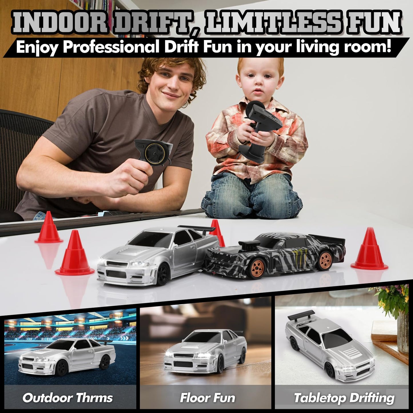 1/43 Scale Mini Drift Rc Car with Gyro, 2.4GHz Throttle & Steering Full Proportional Control Remote, 2 Sets of Tires, 8 Road Cones, High-Speed Rc Drift Car Simulate Led Light - Camouflage