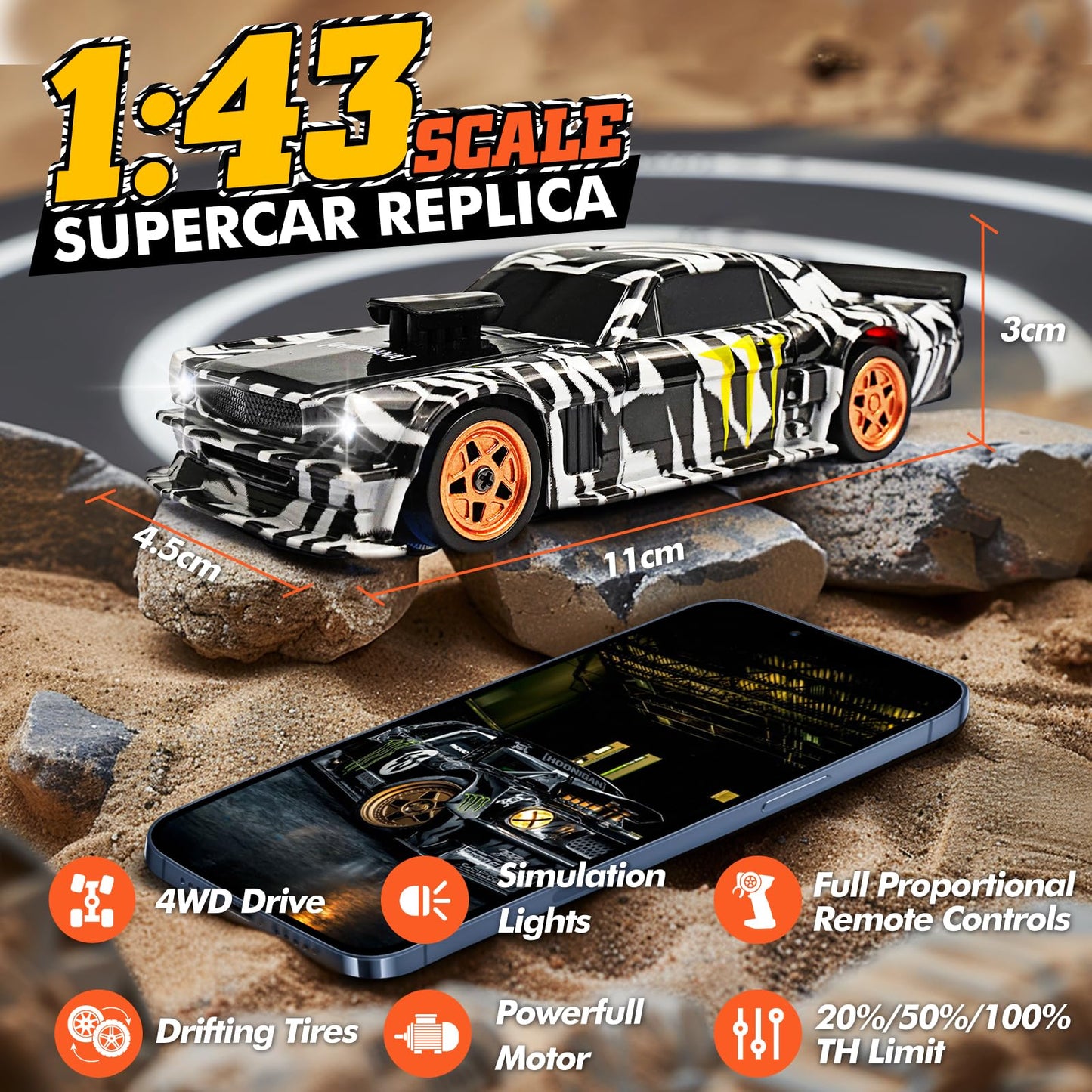 1/43 Scale Mini Drift Rc Car with Gyro, 2.4GHz Throttle & Steering Full Proportional Control Remote, 2 Sets of Tires, 8 Road Cones, High-Speed Rc Drift Car Simulate Led Light - Camouflage